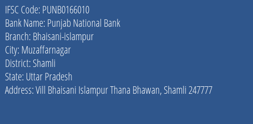 Punjab National Bank Bhaisani Islampur Branch Shamli IFSC Code PUNB0166010