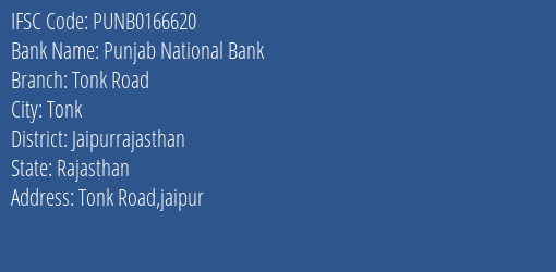 Punjab National Bank Tonk Road Branch, Branch Code 166620 & IFSC Code PUNB0166620