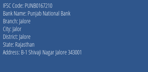 Punjab National Bank Jalore Branch, Branch Code 167210 & IFSC Code PUNB0167210
