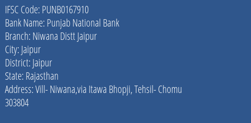 Punjab National Bank Niwana Distt Jaipur Branch, Branch Code 167910 & IFSC Code PUNB0167910