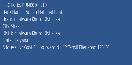 Punjab National Bank Talwara Khurd Dist Sirsa Branch IFSC Code