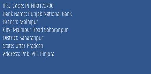 Punjab National Bank Malhipur Branch, Branch Code 170700 & IFSC Code Punb0170700