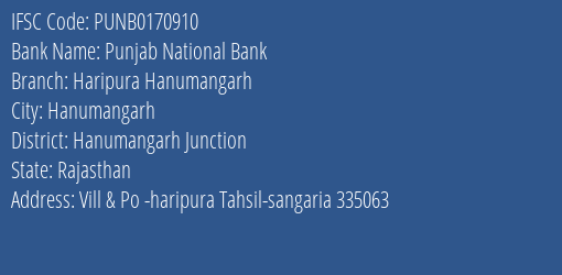 Punjab National Bank Haripura Hanumangarh Branch Hanumangarh Junction IFSC Code PUNB0170910