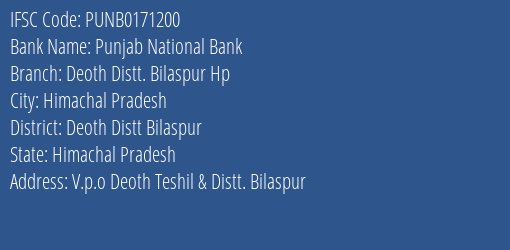 Punjab National Bank Deoth Distt. Bilaspur Hp Branch IFSC Code