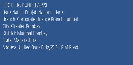 Punjab National Bank Corporate Finance Branchmumbai Branch IFSC Code