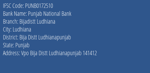 Punjab National Bank Bijadistt Ludhiana Branch, Branch Code 172510 & IFSC Code PUNB0172510