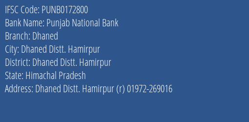 Punjab National Bank Dhaned Branch, Branch Code 172800 & IFSC Code PUNB0172800