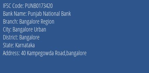 Punjab National Bank Bangalore Region Branch Bangalore IFSC Code PUNB0173420