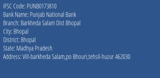 Punjab National Bank Barkheda Salam Dist Bhopal Branch IFSC Code