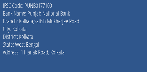Punjab National Bank Kolkata Satish Mukherjee Road Branch IFSC Code