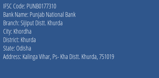 Punjab National Bank Sijiput Distt. Khurda Branch Khurda IFSC Code PUNB0177310