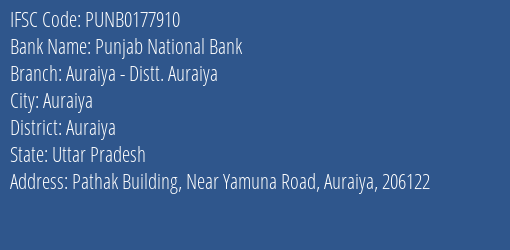 Punjab National Bank Auraiya Distt. Auraiya Branch, Branch Code 177910 & IFSC Code Punb0177910