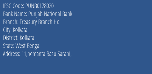 Punjab National Bank Treasury Branch Ho Branch Kolkata IFSC Code PUNB0178020
