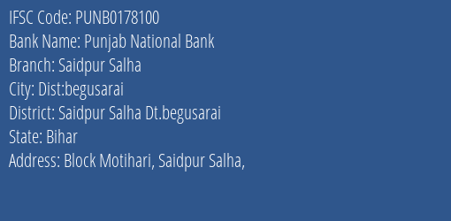 Punjab National Bank Saidpur Salha Branch Saidpur Salha Dt.begusarai IFSC Code PUNB0178100