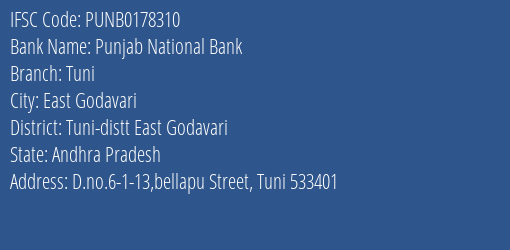 Punjab National Bank Tuni Branch, Branch Code 178310 & IFSC Code PUNB0178310