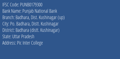 Punjab National Bank Badhara Dist. Kushinagar Up Branch Badhara Distt. Kushinagar IFSC Code PUNB0179300