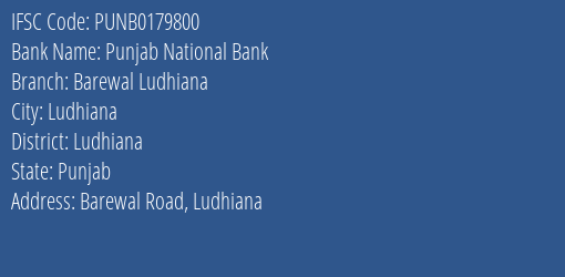 Punjab National Bank Barewal Ludhiana Branch, Branch Code 179800 & IFSC Code PUNB0179800