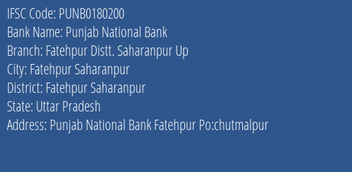 Punjab National Bank Fatehpur Distt. Saharanpur Up Branch Fatehpur Saharanpur IFSC Code PUNB0180200