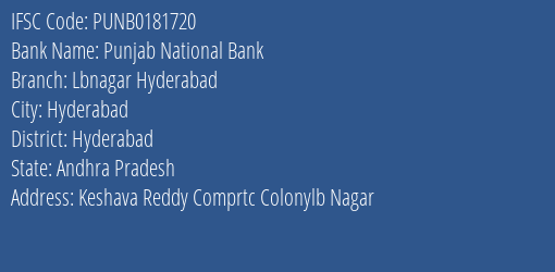 Punjab National Bank Lbnagar Hyderabad Branch Hyderabad IFSC Code PUNB0181720