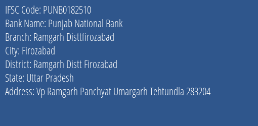 Punjab National Bank Ramgarh Disttfirozabad Branch, Branch Code 182510 & IFSC Code PUNB0182510