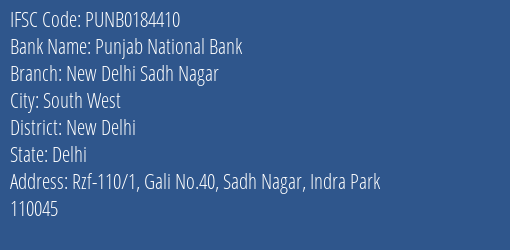 Punjab National Bank New Delhi Sadh Nagar Branch New Delhi IFSC Code PUNB0184410
