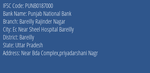 Punjab National Bank Bareilly Rajinder Nagar Branch Bareilly IFSC Code PUNB0187000