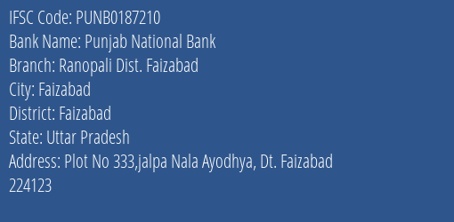 Punjab National Bank Ranopali Dist. Faizabad Branch, Branch Code 187210 & IFSC Code Punb0187210