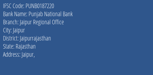 Punjab National Bank Jaipur Regional Office Branch, Branch Code 187220 & IFSC Code PUNB0187220