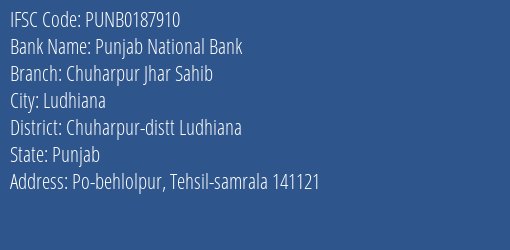Punjab National Bank Chuharpur Jhar Sahib Branch, Branch Code 187910 & IFSC Code PUNB0187910