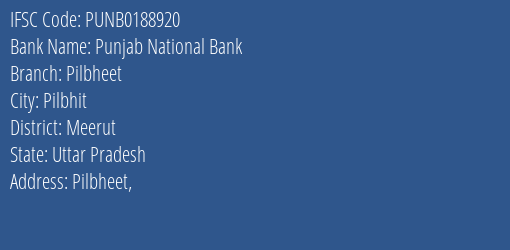 Punjab National Bank Pilbheet Branch, Branch Code 188920 & IFSC Code Punb0188920