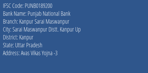 Punjab National Bank Kanpur Sarai Maswanpur Branch Kanpur IFSC Code PUNB0189200