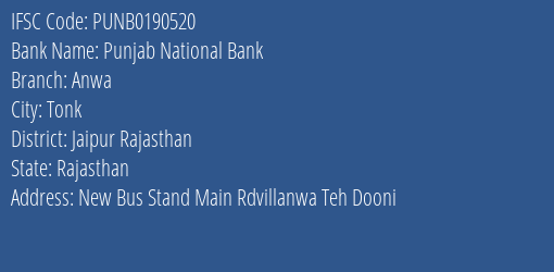 Punjab National Bank Anwa Branch, Branch Code 190520 & IFSC Code PUNB0190520