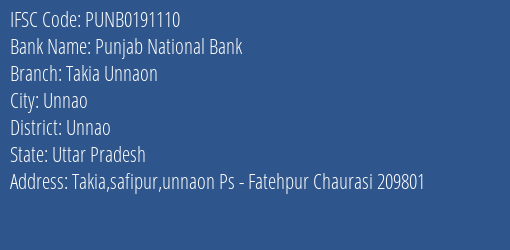 Punjab National Bank Takia Unnaon Branch Unnao IFSC Code PUNB0191110