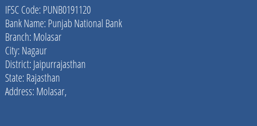 Punjab National Bank Molasar Branch, Branch Code 191120 & IFSC Code PUNB0191120
