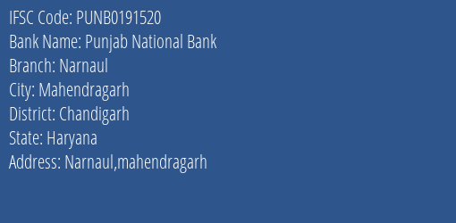 Punjab National Bank Narnaul Branch Chandigarh IFSC Code PUNB0191520