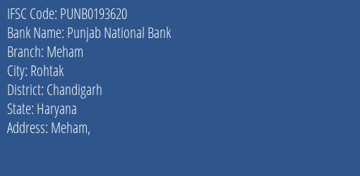 Punjab National Bank Meham Branch Chandigarh IFSC Code PUNB0193620