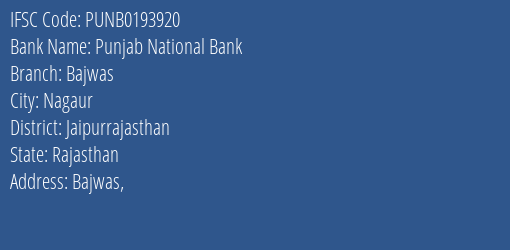 Punjab National Bank Bajwas Branch, Branch Code 193920 & IFSC Code PUNB0193920
