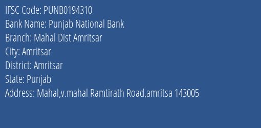 Punjab National Bank Mahal Dist Amritsar Branch IFSC Code