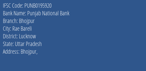 Punjab National Bank Bhojpur Branch Lucknow IFSC Code PUNB0195920