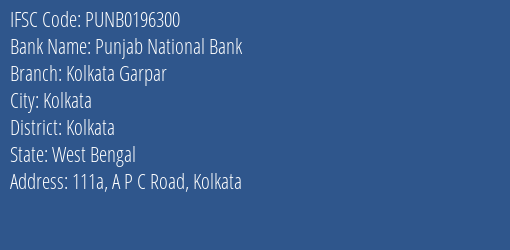 Punjab National Bank Kolkata Garpar Branch IFSC Code