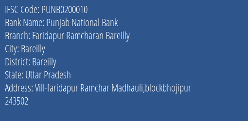 Punjab National Bank Faridapur Ramcharan Bareilly Branch Bareilly IFSC Code PUNB0200010