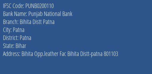 Punjab National Bank Bihita Distt Patna Branch Patna IFSC Code PUNB0200110