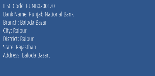 Punjab National Bank Baloda Bazar Branch Raipur IFSC Code PUNB0200120