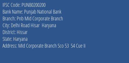 Punjab National Bank Pnb Mid Corporate Branch Branch IFSC Code