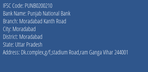 Punjab National Bank Moradabad Kanth Road Branch Moradabad IFSC Code PUNB0200210