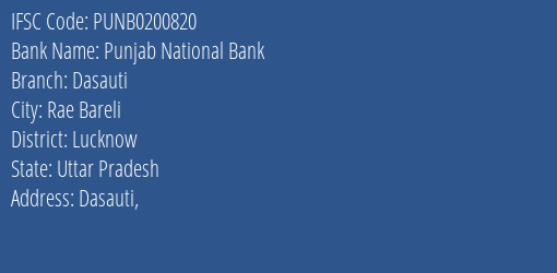 Punjab National Bank Dasauti Branch Lucknow IFSC Code PUNB0200820