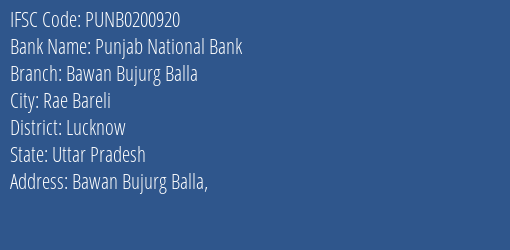 Punjab National Bank Bawan Bujurg Balla Branch Lucknow IFSC Code PUNB0200920