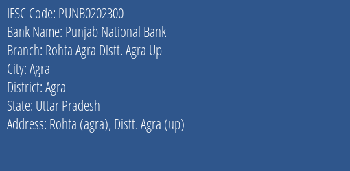 Punjab National Bank Rohta Agra Distt. Agra Up Branch, Branch Code 202300 & IFSC Code Punb0202300