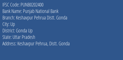 Punjab National Bank Keshavpur Pehrua Distt. Gonda Branch Gonda Up IFSC Code PUNB0202400