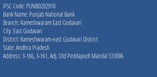 Punjab National Bank Rameshwaram East Godavari Branch, Branch Code 202910 & IFSC Code PUNB0202910